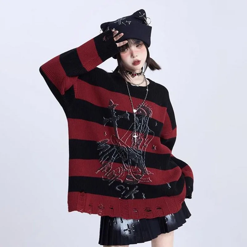 

New Autumn Winter Harajuku Gothic Hot Girls Red Black Print Sweater Fashion Y2K Punk Long Sleeve Pullover Knitwear Cool Girl