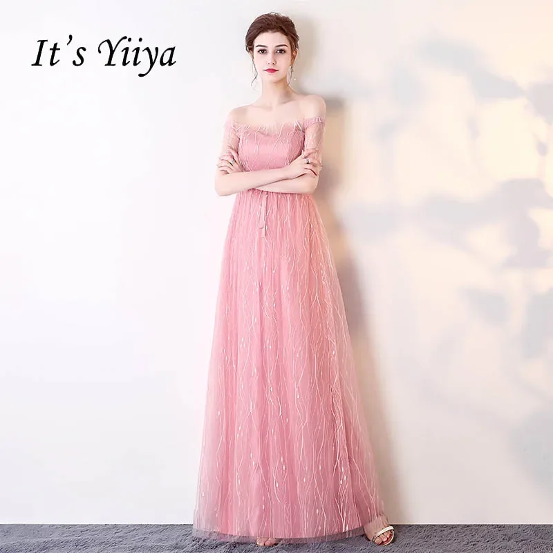 

Clearance Evening Dresses Dirty Pink Tulle Off the Shoulder Lace Up A-line Pleat Floor-length Women Party Formal Gown LX197