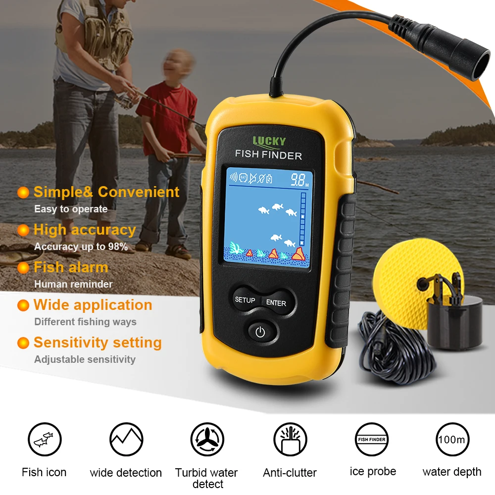 LUCKY LCD Color Screen Portable Wired Fish Finder 100M Depth Range Sonar Echo Sounders Fishfinder