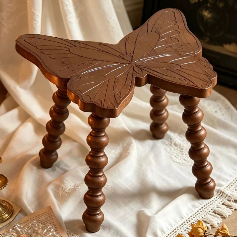 Wooden Assemble Stools French Retro Artistic Luxury Stools Butterfly Surface Gourd Leg Chairs Photography Props Furniture