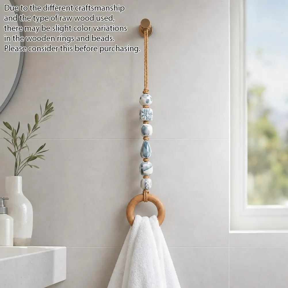 Round Towel Rack Decorative Beaded Towel Hanger With Wooden Ring Practical Design Portable For Bathroom Kitchen