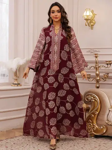 2025 New Muslim Women's Red Islamic Embroidered Abaya with Gold Detailing Ideal for Formal Events in Middle East like UAE Saudi