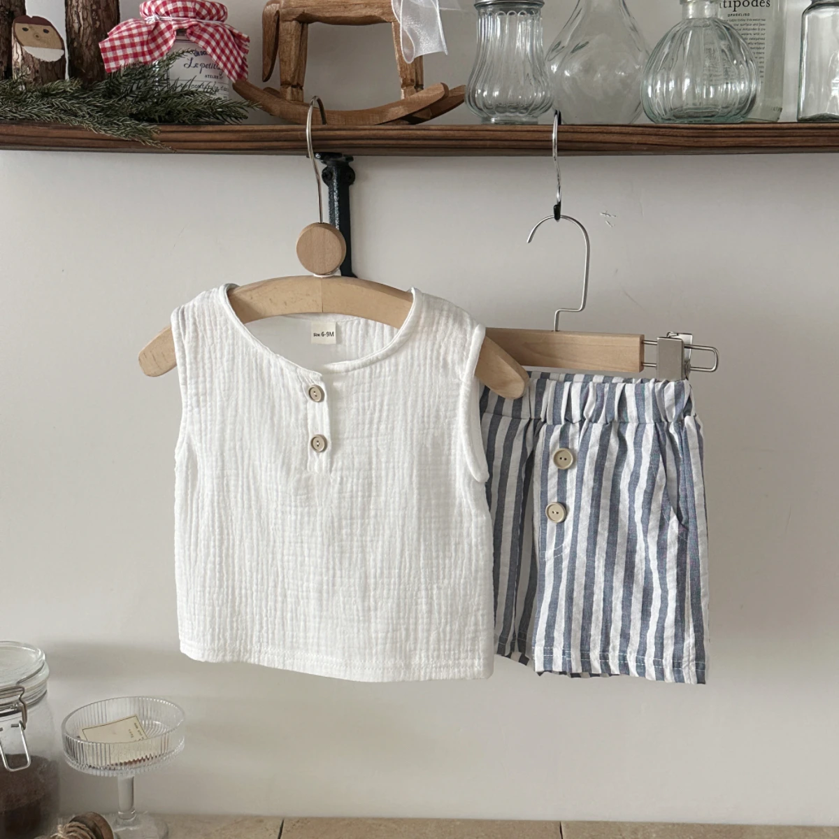 Children's Fashion Clothes Sets Solid Color Sleeveless Top & Stripe Shorts Simple Generous Style Daily Causal Suits 0-3Y