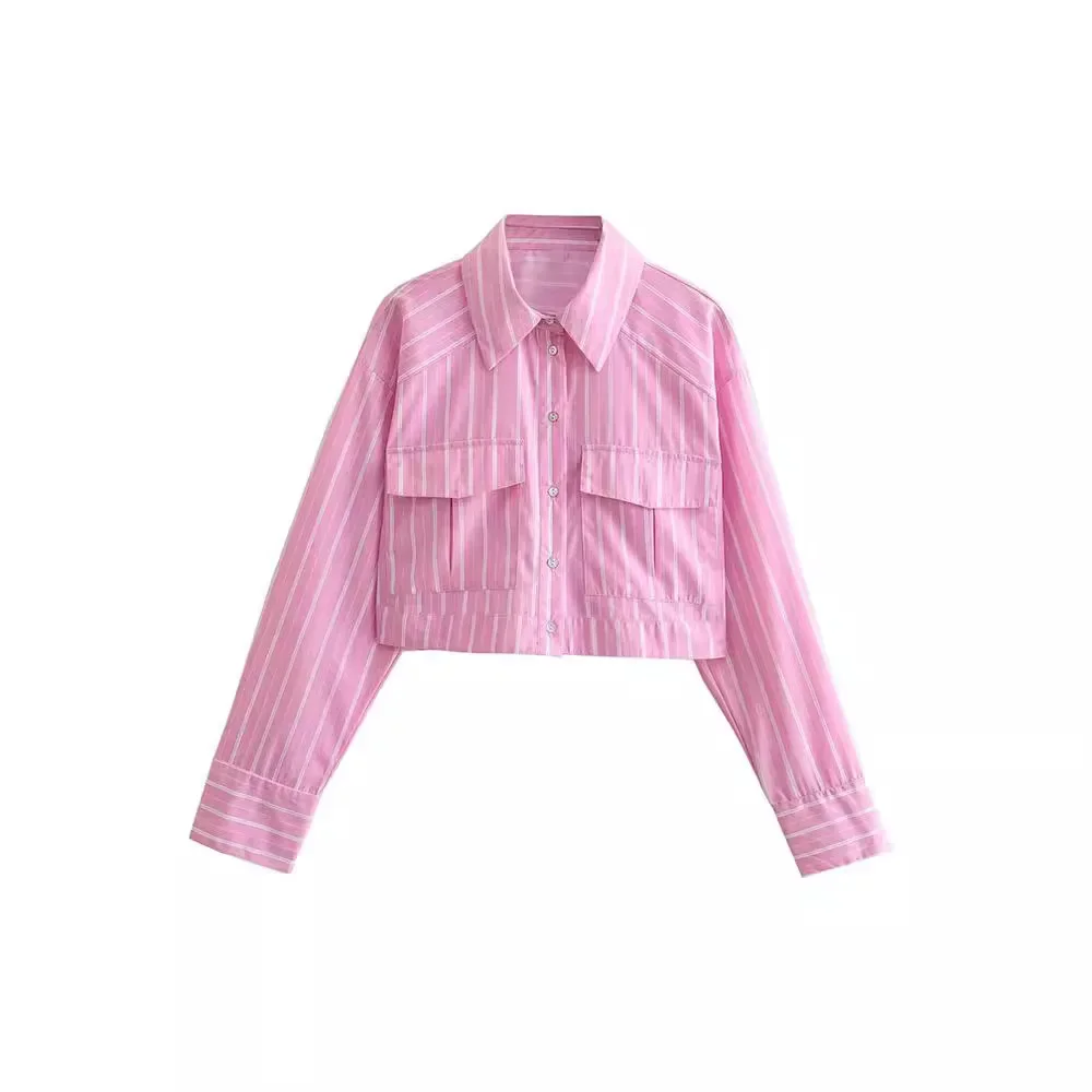 Women\'s Stripe Blouse Casual New Fashion Pink Blue Lapel Solid Color Women\'s Shirt Top Chic Ladies Shirt