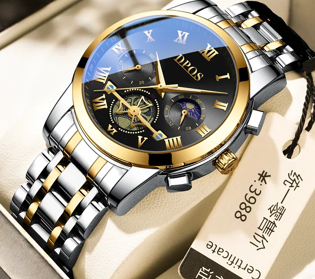 6-Hand Chronograph Men's Watch - Stainless Steel Band Multi-Function Quartz Alloy Case Sport Analog