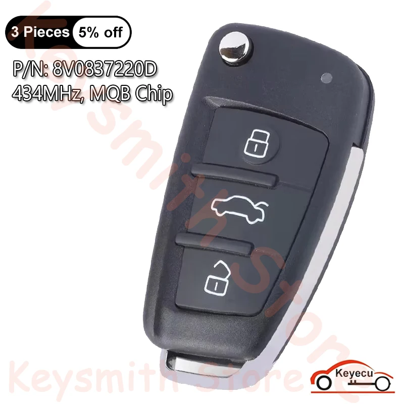 KEYECU 434MHz MQB Chip for Audi A3 S3 2012 2013 2014 2015 2016 2017 2018 2019 Auto Keyless Go Flip Remote Key Fob 8V0837220D