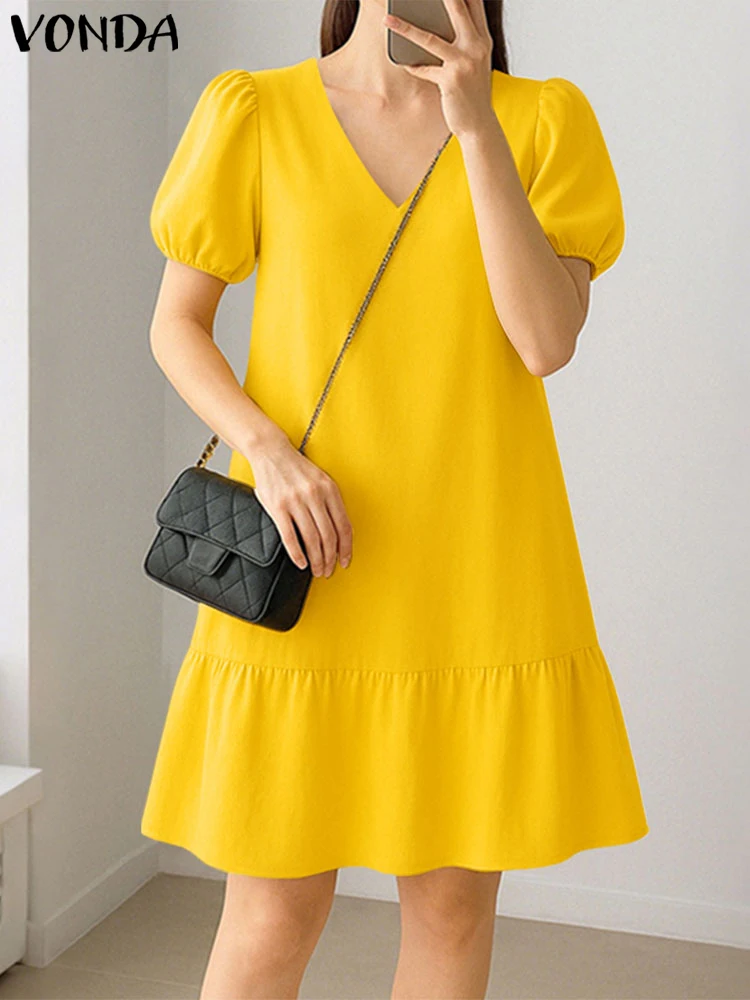 

VONDA Women Mini Dress Casual V Neck Solid Color Short Vestidos 2025 Summer Sundress Bohemian Puff Sleeve Loose Robe Oversized