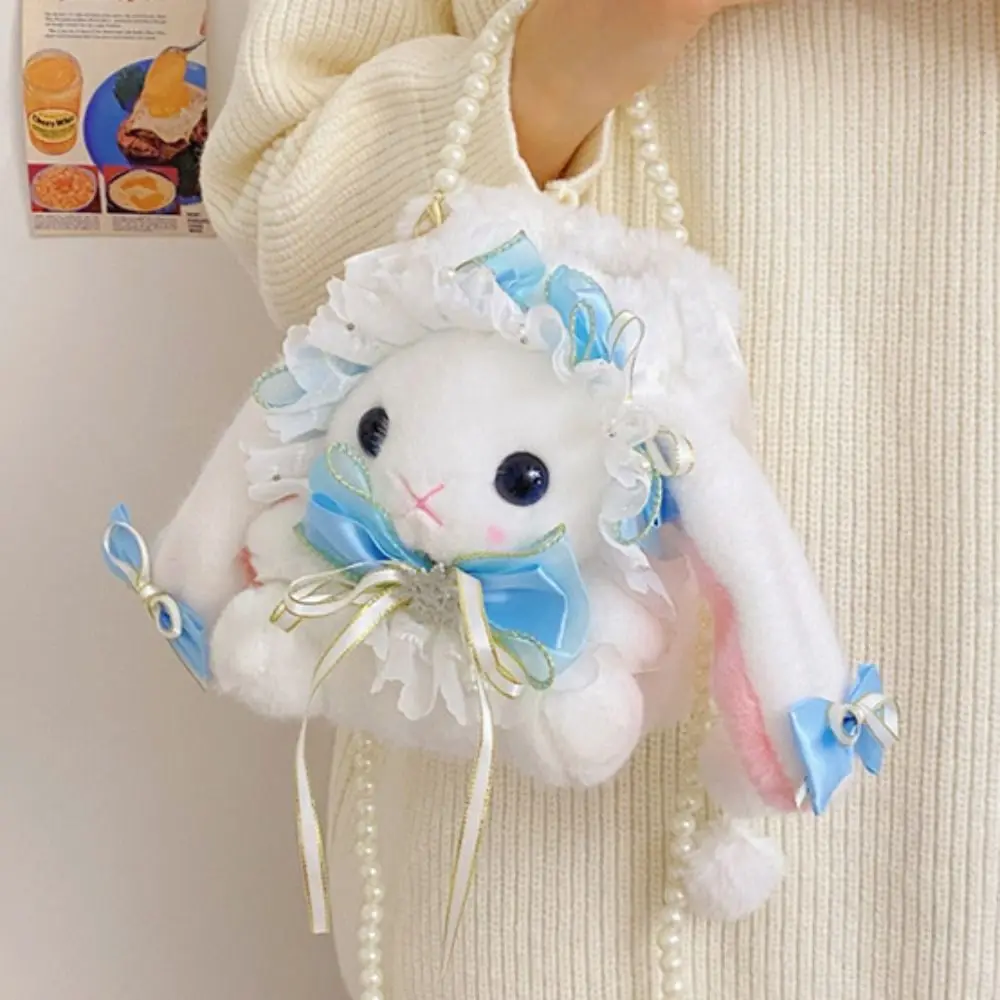 Animali di peluche Borse a tracolla con coniglio Lolita Borsa a tracolla con coniglio in peluche dolce e morbido Catena di perle Borse piccole con orecchie di coniglio