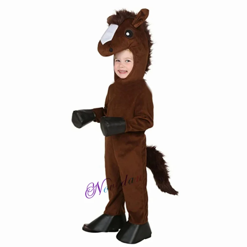 Traje de máscara de cavalo marrom infantil, roupa cosplay, macacão de vestir, terno de animais, meninas, meninos, festa, dramatização, criança, Halloween