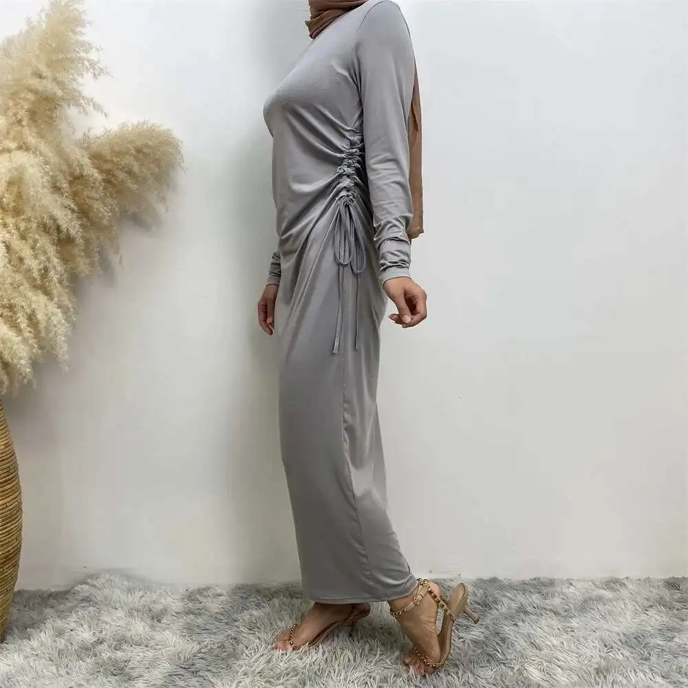 Robe arabe à manches longues, couleur unie, avec cordon de serrage sur le côté, pour femmes, Abaya, Ramadan, dubaï, luxe, Islam, élégante, 6736