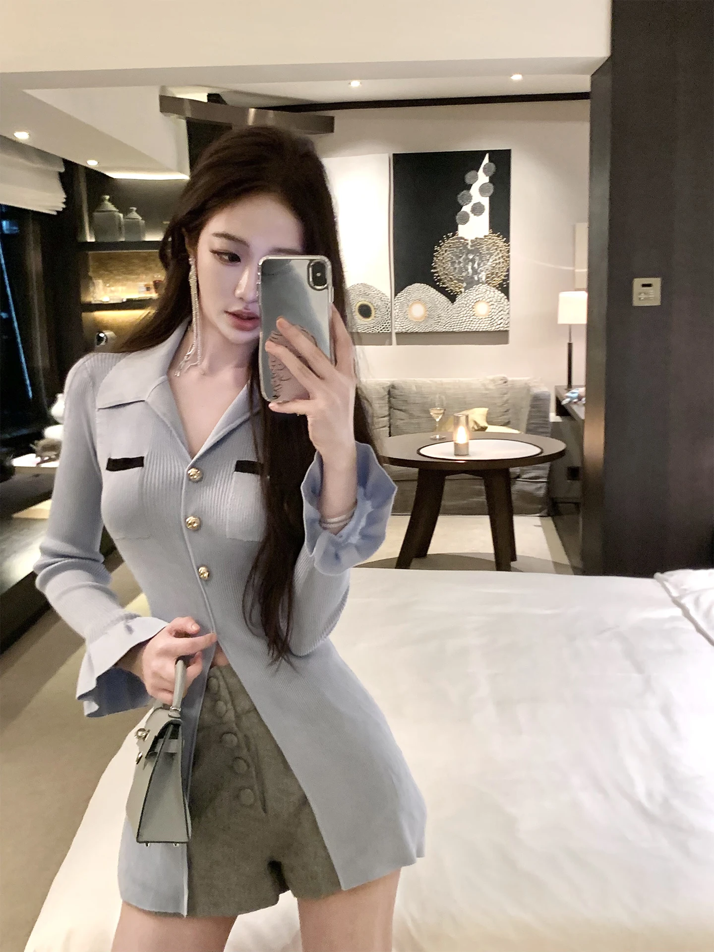 

Светло-голубой вязаный кардиган с асимметричным разрезом, высококачественная ткань, премиальный комфорт, женский длинный топ для ранней осени...