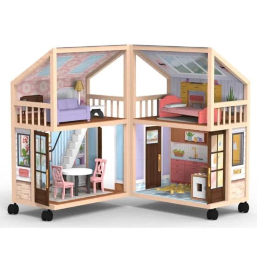 

Wooden Dollhouse on Wheels, Open & Close with 29 Accessories