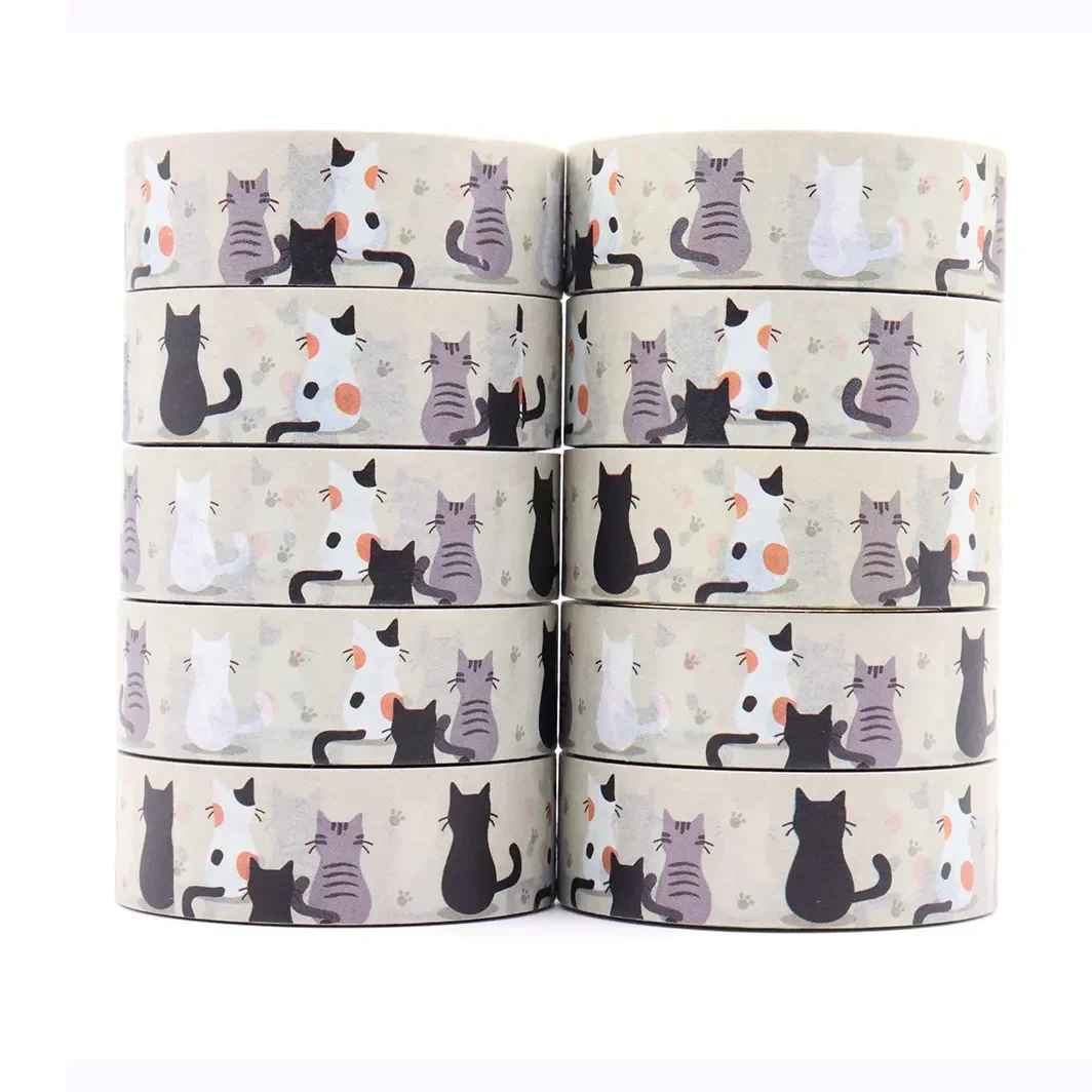 10PCS 15mm x 10m Cute Black & White Cats Washi Tapes Adhesive Stationery for Craft Masking Washi Stickers Office supplies