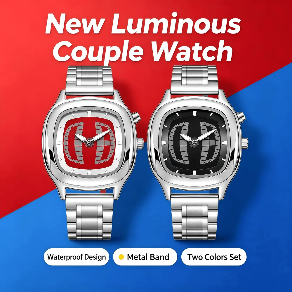 PAAZOMU Red‑Black Couple Pair Watch Luminous Waterproof Stainless Steel Band Square Quartz Wrist Watch for Lovers view 4