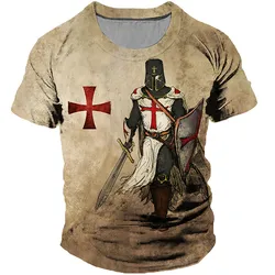 Catholic Harajuku Men's T-shirt Retro 3d Print Crusader Short-sleeved Top Outdoor Sports Oversized Templar O Collar Tees For Men