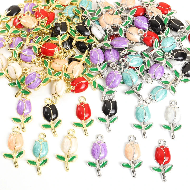 10pcs Elegant Enamel Tulip Charm Fashion Aesthetic Flower Plant Pendant Necklace Bracelet Earring DIY Jewelry Making Accessories