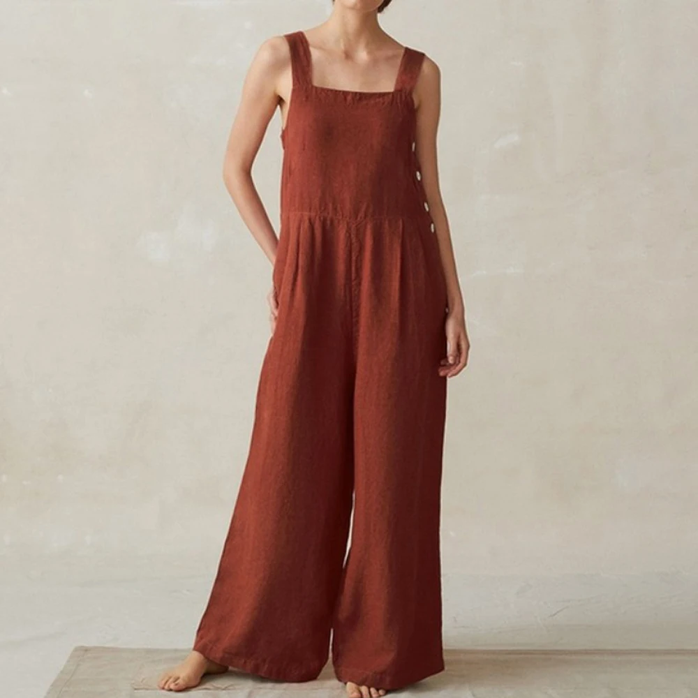 Women Cotton Linen Wide Leg Overalls Summer Fashion Off The Shoulder Sleeveless Solid Color Pocket Jumpsuits JYFS-8929