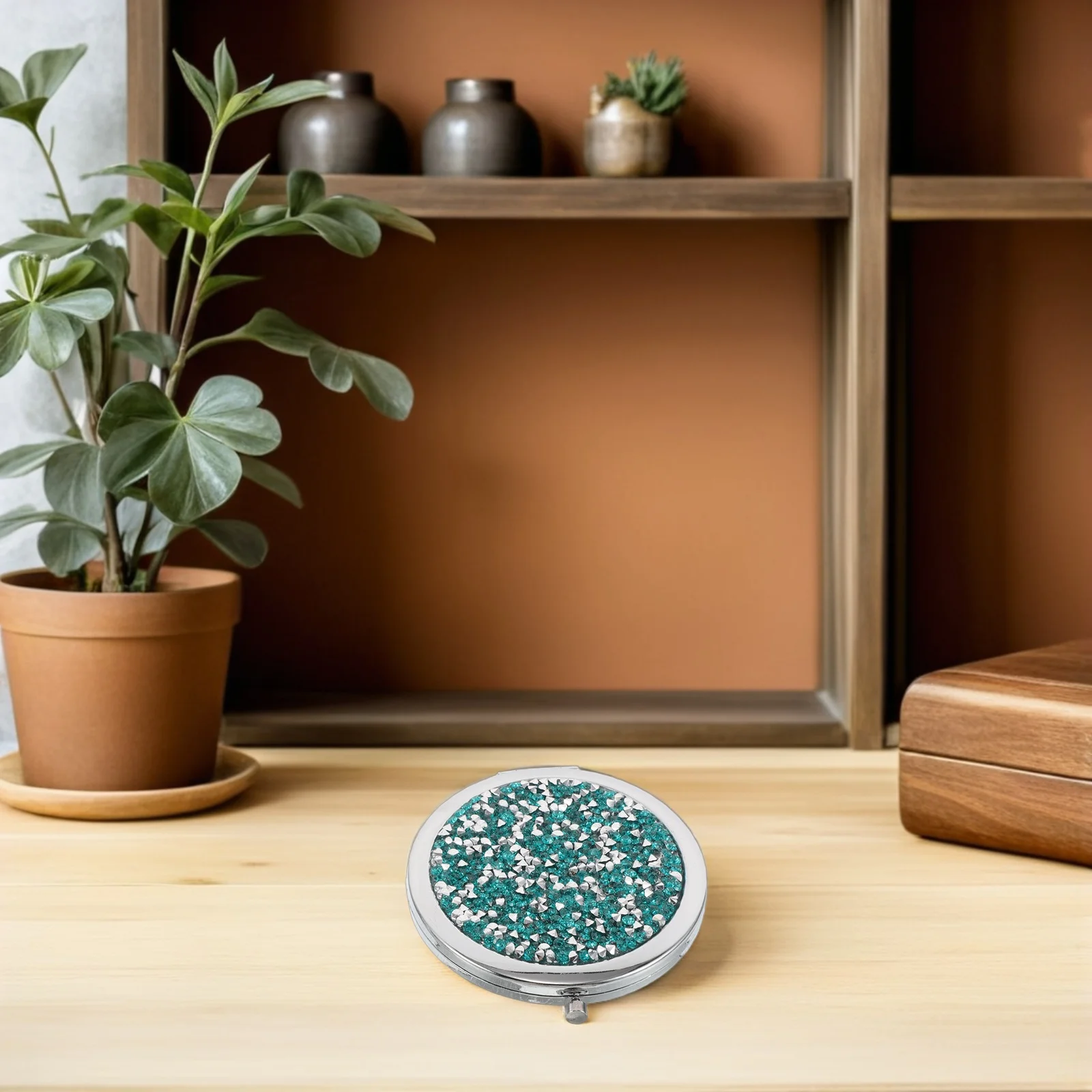 4Pcs Double Sided Makeup Mirror Rhinestone Inlaid Metal Frame Foldable Compact Mirror Set for on The Go Touch Ups in Pink Silver