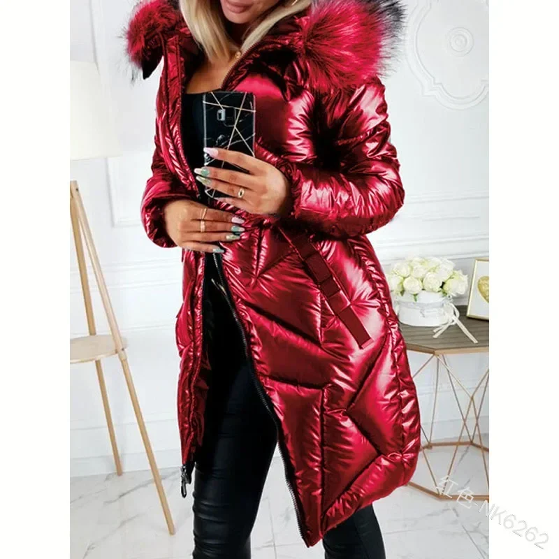 Women Faux Fur Hooded Jacket Fur Collar Cotton Down Puffer Parka Winter Long Coat Warm Thick Overcoat Outwear