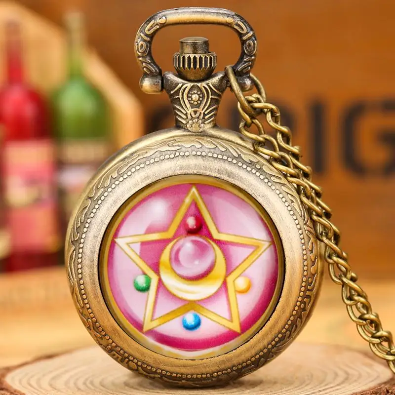 Medium Size Superb Magic Pentagram SAKURA orologio da tasca al quarzo collana di moda COS FOB Chain Women Chain Pendant Clock for Girls