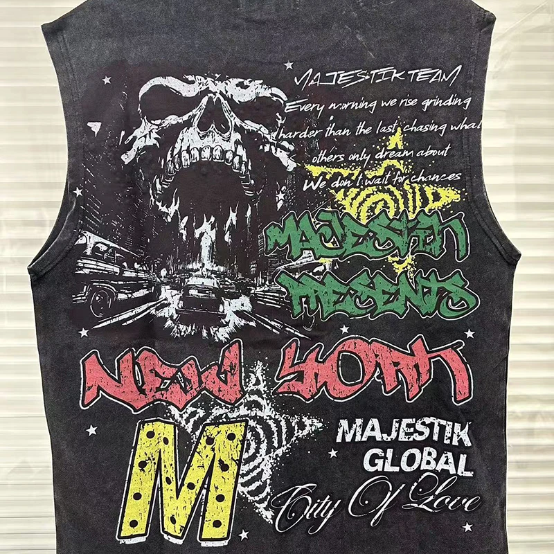 MAJESTIK T-Shirt American High Street Skull Direct Print Sleeveless Men Vintage Washed Distressed Rhinestone Sleeveless T-Shirt