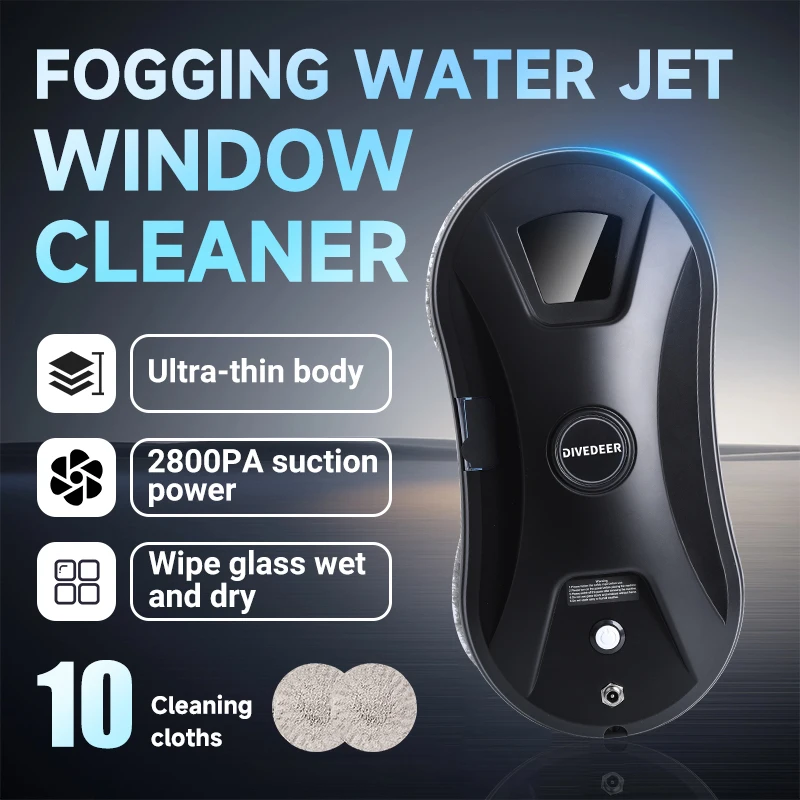 DIVEDEER Window Cleaning Robot Ultrasonic Water Spray Intelligent Path Planning 2800Pa Suction Power Black Round Appearance