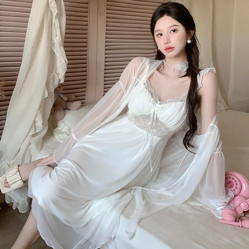 

Lace Bathrobe Gown Sexy Spaghetti Strap Women Satin Nightgown Spring Summer New Home Dress Nightwear Elegant Nightgown