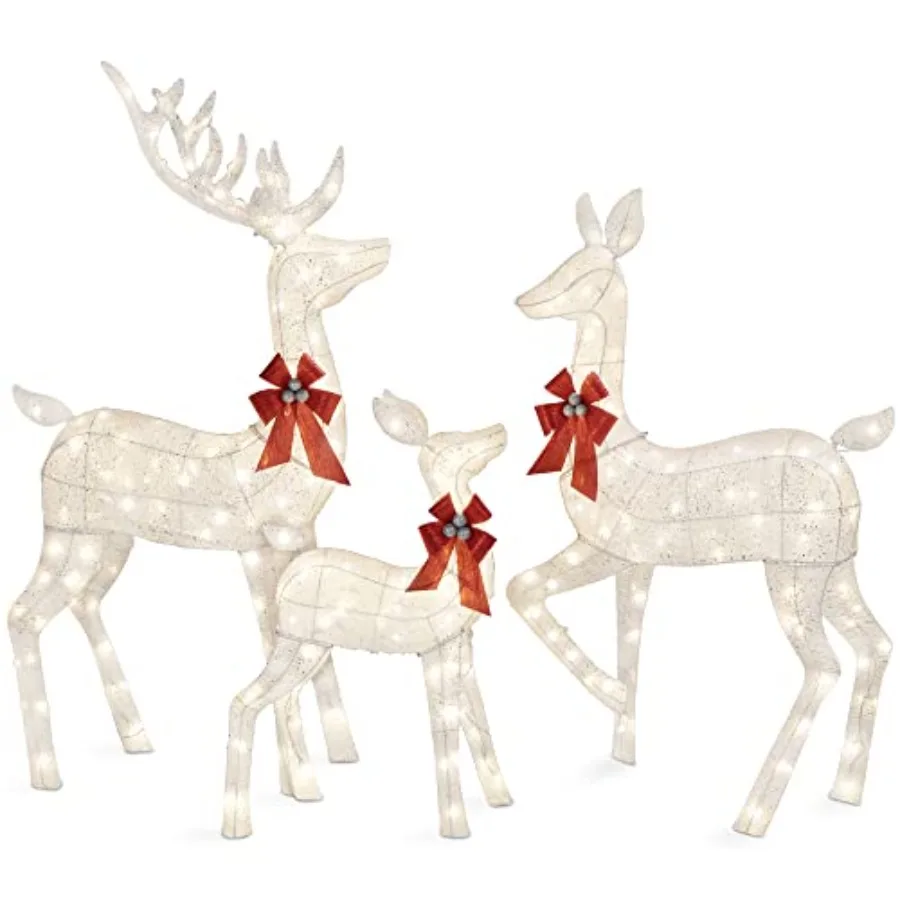 

Outdoor yard decoration: 3-piece large lighted Christmas deer family set, metal, red and green, 360 LED lights, weather-resista