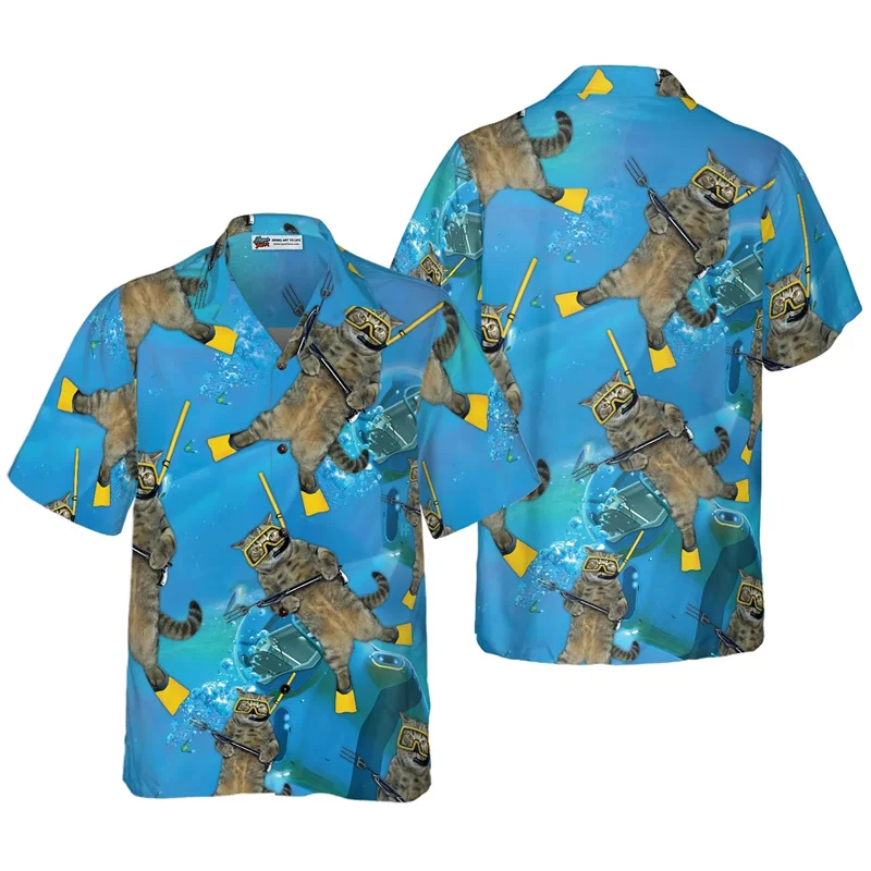 Funny Cat Hawaiian Shirt Men And Women Clothes Summer Fashion Street Short Sleeve Lapel Tops Kid Cute Vacation Beach Shirts