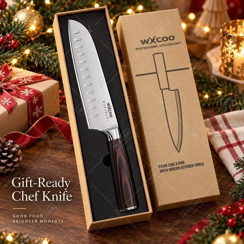 Cuchillo de cocina profesional tipo Santoku, de acero inoxidable, con mango de madera, ideal para el uso doméstico y la preparación de alimentos, se entrega en una caja de regalo.