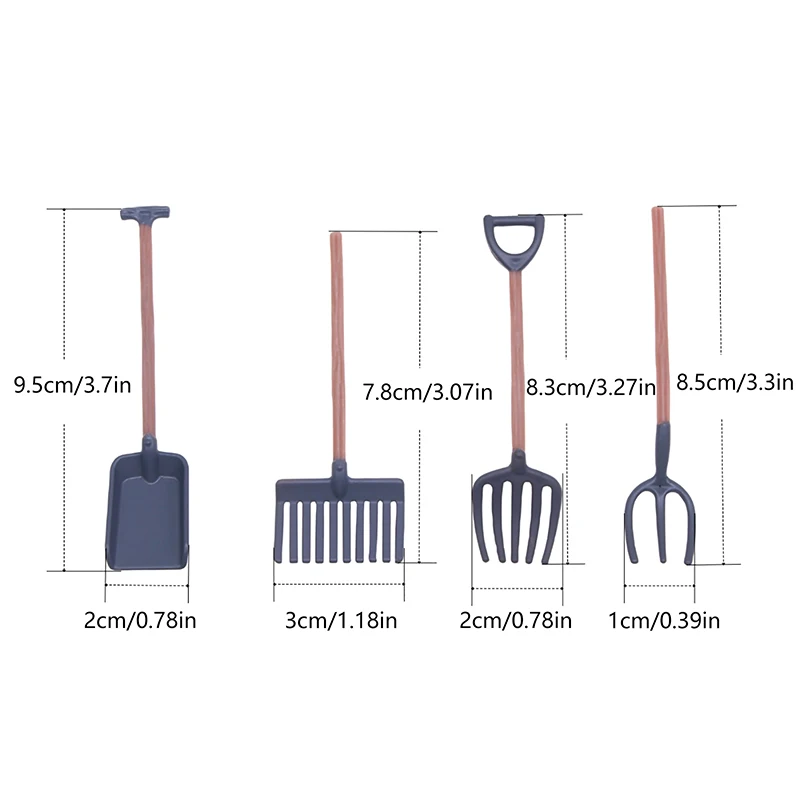 

4Pcs 1:12 Dollhouse Miniature Gardening Tools Shovel Rake Hoes Model Farm Decor Toy Doll House Accessories