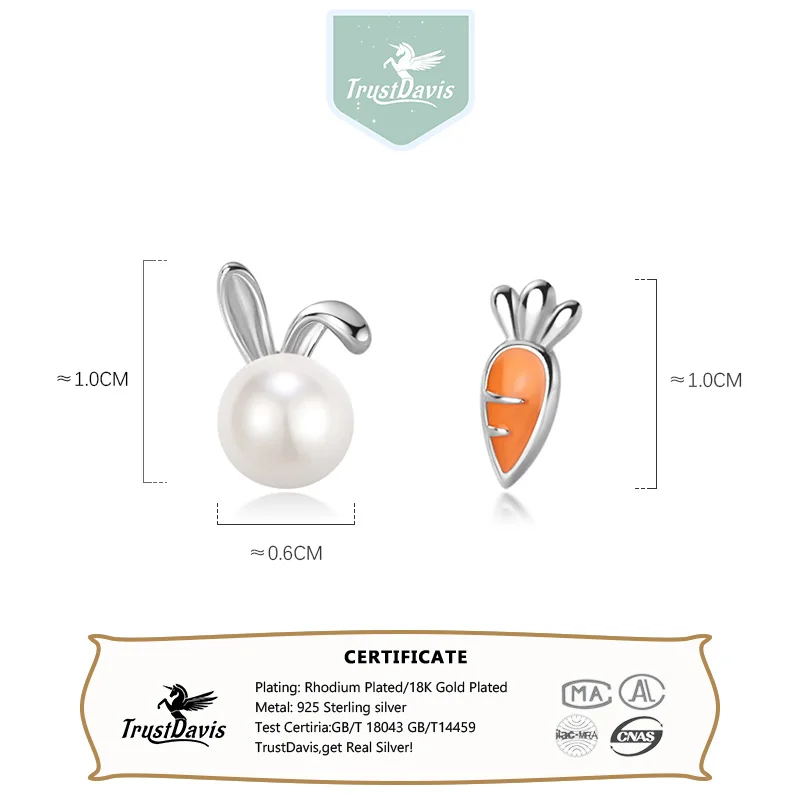 TrustDavis Girls 100% 925 Sterling Silver Cute Rabbit Carrot Stud Earrings for Daughter Fine Birthday Jewelry Gift DS3962