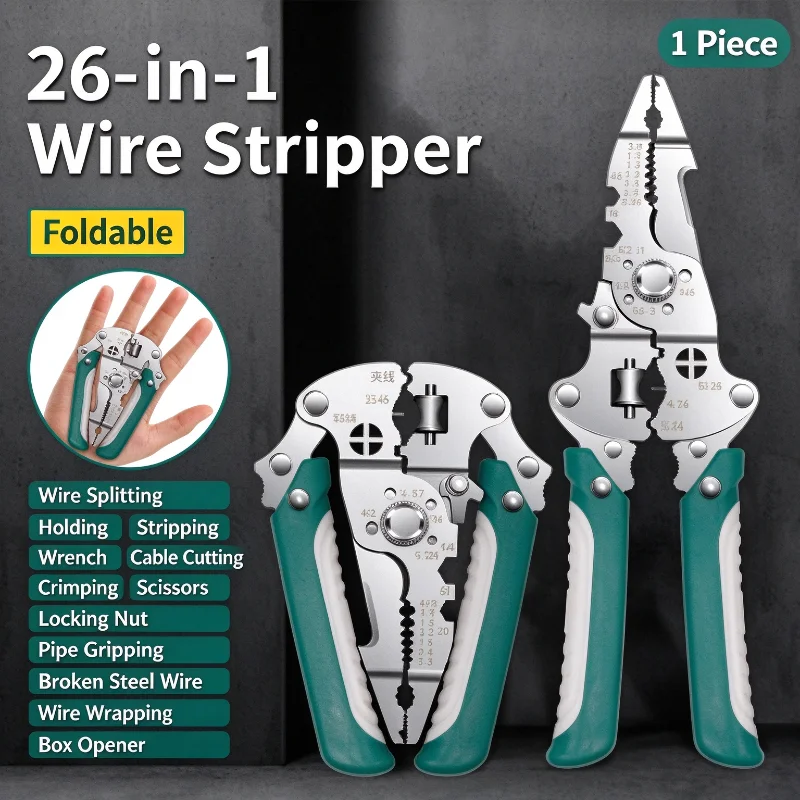Foldable Multifunctional Wire Stripper Pliers, Electrician Cable Stripping Splitting & Crimping Hardware Tool