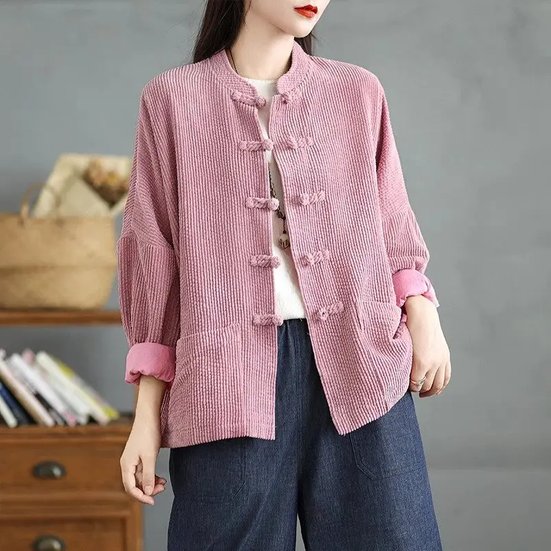 Corduroy Top For Autumn Winter Ethnic Style Women's Clothing Retro Button Cardigan Long Sleeve Large Size Loose Jacket Coat a090