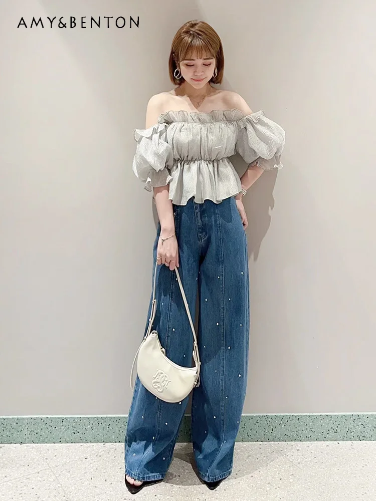 2024 Autumn New Korean Fashion Hot Diamond Casual Baggy Jeans Women Commuter Style Versatile High Waist Slim Wide Leg Pants