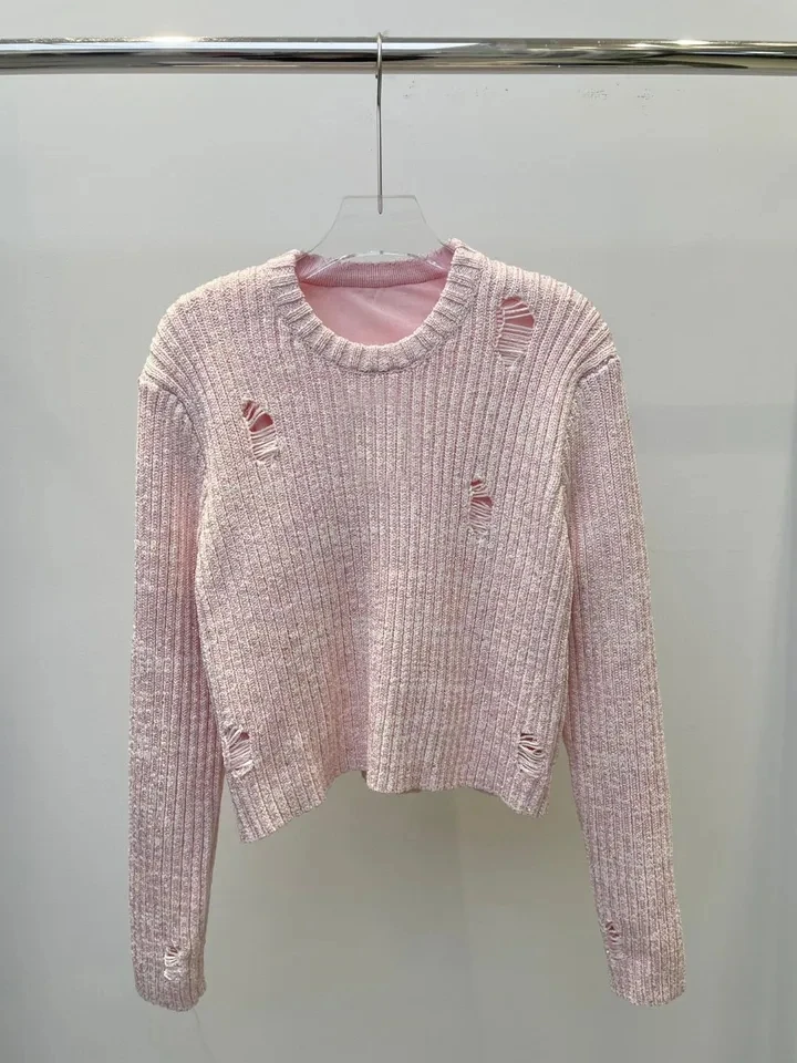 2024 New Women Spring Pink Hole Casual High Quality Sweater Jumpers for Lady