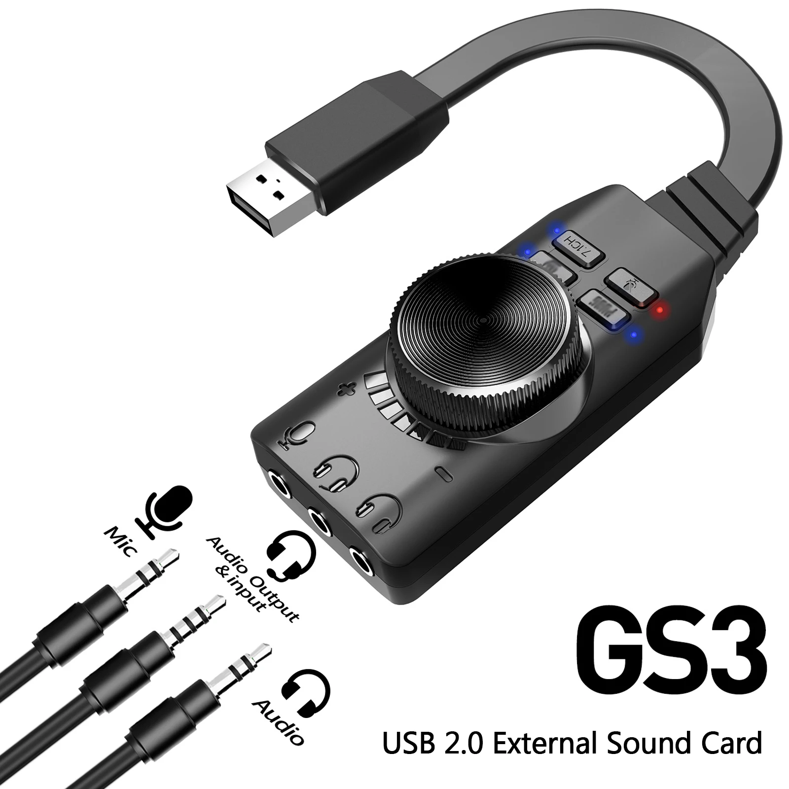 Внешняя звуковая карта GS3 USB2.0 с 7.1-канальным адаптером виртуального звука двигателя Plug and Play для управления громкос...