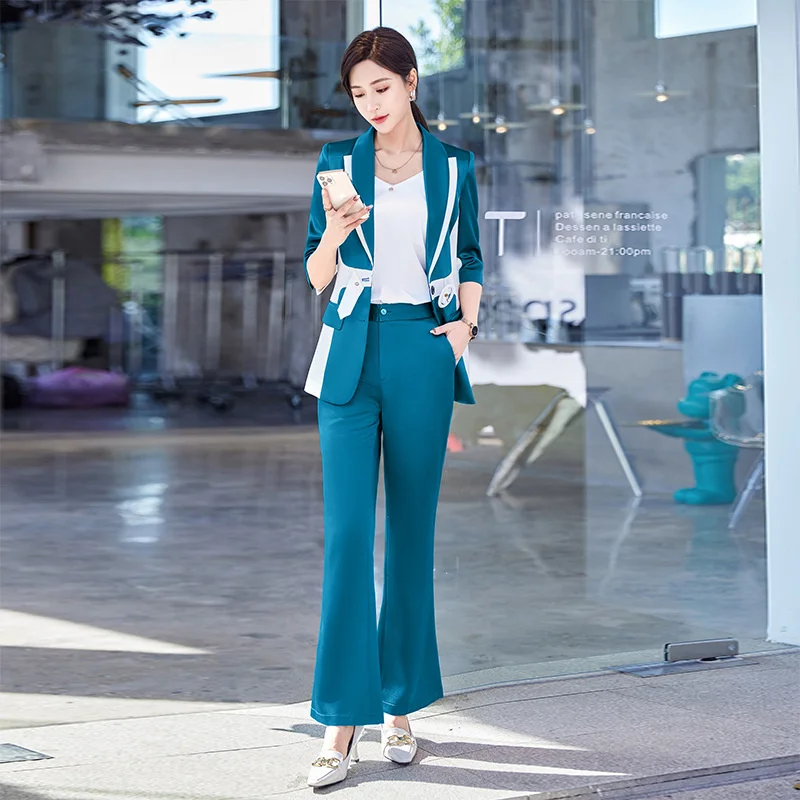 

2023 Fashion Office Suit Jacket Two-piece Sets Women Spring Summer Patchwork Blazers Coat Flare Trousers Lady Casual 2piece Sets
