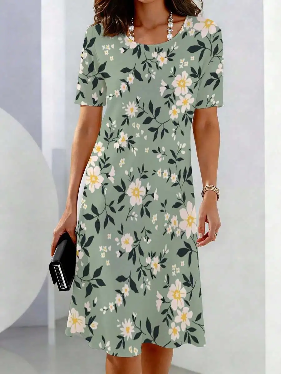 

Womens Casual Floral Print Short Sleeve Crew Neck Dress With White Yellow Flowers Green Leaves
