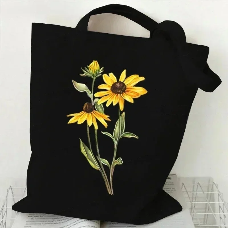 Wildflower Oil Print Black Canvas Tote Bag Vintage Daisy Shoulder Bag for Women Girl Stylish Plant-Themed Shopping Handbag