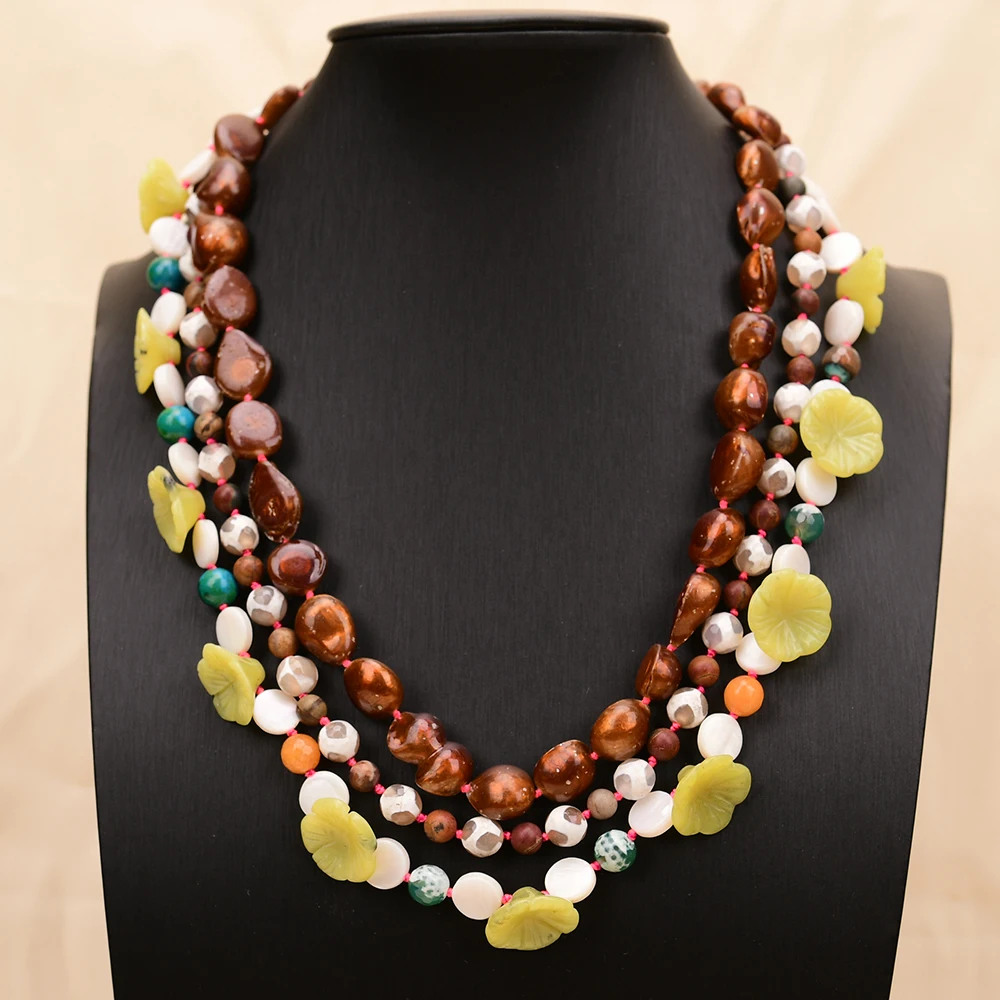 APDGG A17 Handmade 3 Rows Natural Mix Stone Shell Jade Flower Agate Multi Strands Necklace