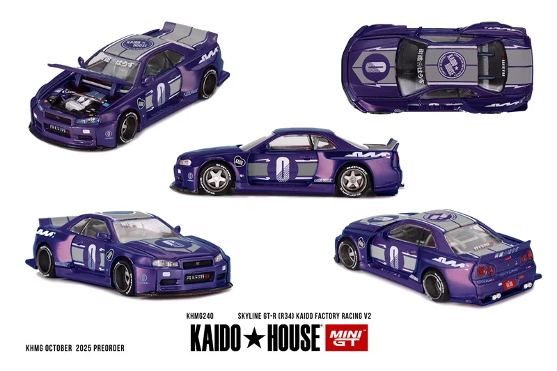 

(Предзаказ) Kaido House x MINI GT 1:64 Skyline GTR (R34) KAIDO RACING FACTORY V2 фиолетовый литой под давлением модель коллекционной машины