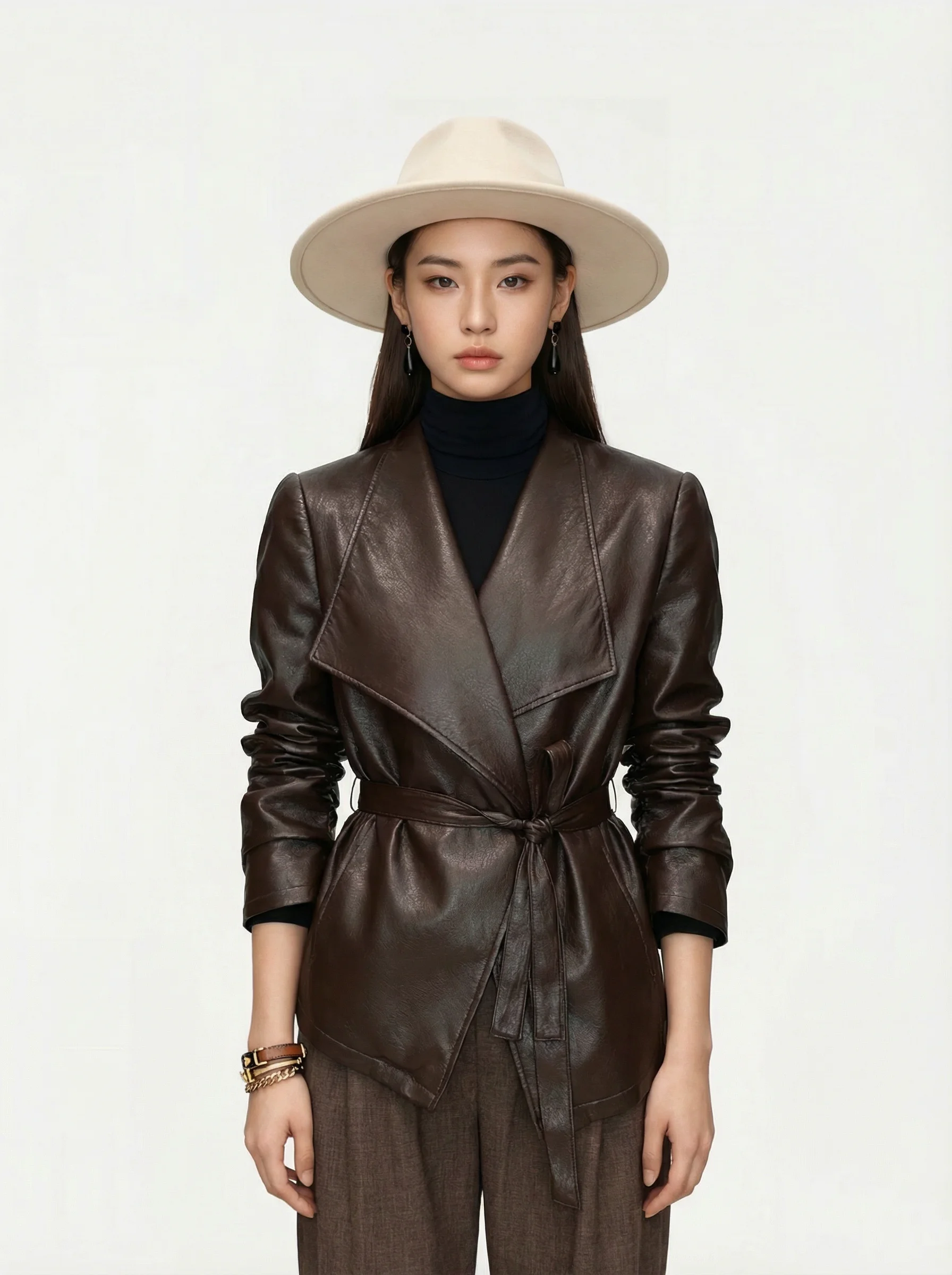 Cappotto da donna in pelle artificiale Jaet caffè marrone lectual Sle, vestibilità slim, ecologico, ultra morbido, legato in vita