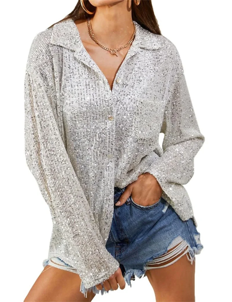 Fashionable Oversized Slim Glitter Shirt With A Stylish Lapel And Loose Long Sleeved Top Solid Color Simple Button Layered Jacke