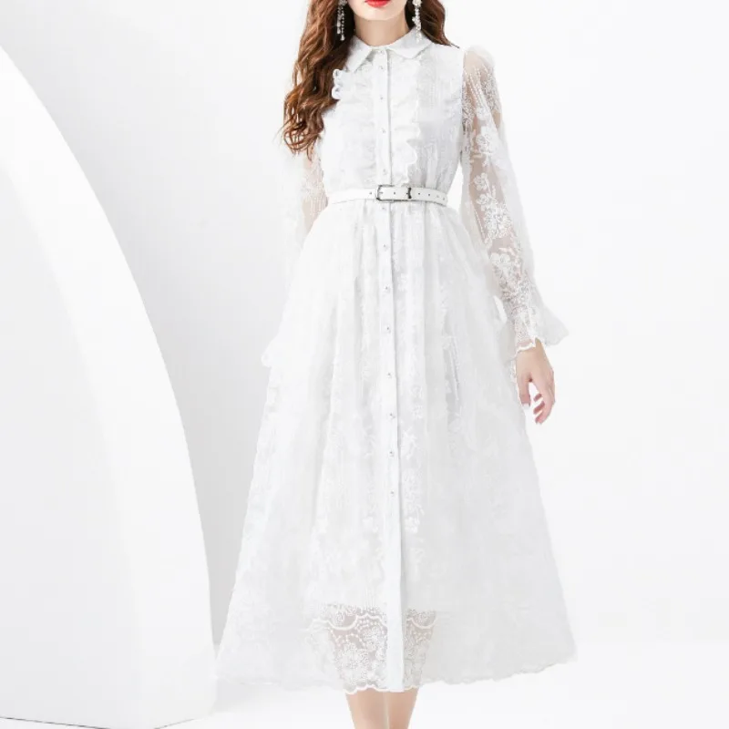 

Flora Embroidery White Dress Women with Belt Long Sleeve Elegant Women's Clothing Turn-down Neck Vintage Party Vestido Summer