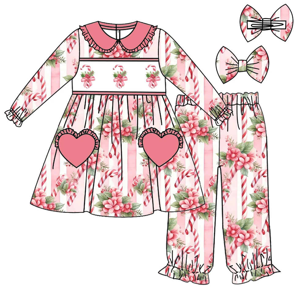 Pajamas And Robes series Christmas girls' lapel long sleeve elastic striped bow candy leaf print girls suit baby nightgown set