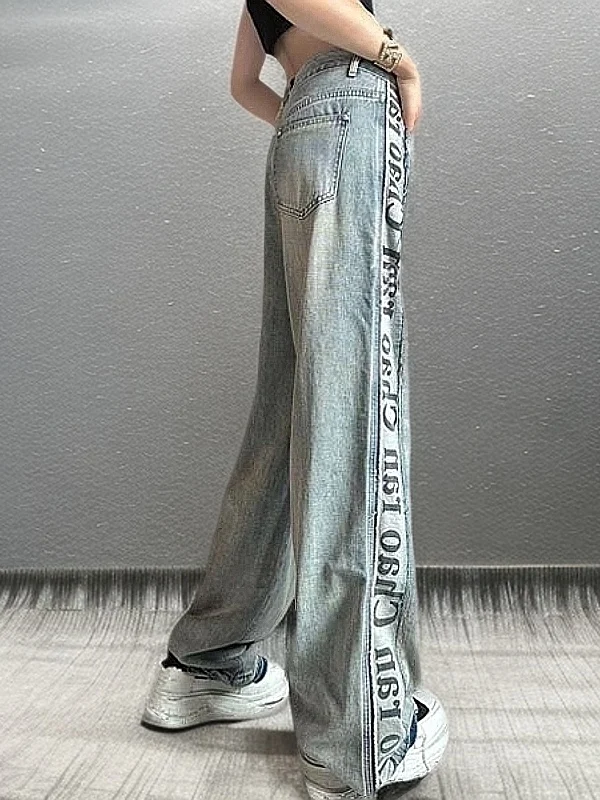 

Spring 2026 High Waist Wide Leg Jeans Women's Casual Sle Multi-ket High Waist Loose Fit Denim Trousers Side Letter