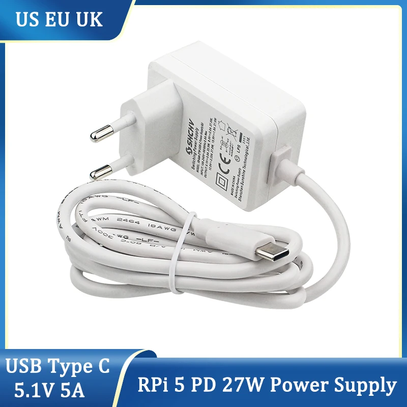 Raspberry Pi 5 GaN Fonte de Alimentação, 5.1V, 5A, PD 27W, Carregador USB Tipo C, UE, EUA, UK Plug, Adaptador de Alimentação para Raspberry Pi 5, 4B, RPI 5