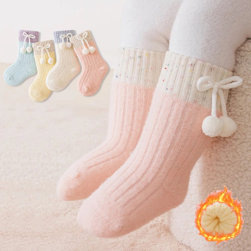 4 Pairs Winter Warm Baby Girl Socks Thickened Terry Mid Tube Girls Socks Pom Pom Decor Soft Toddler Kids Socks For Girls