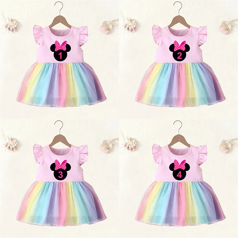 

Baby Girl Clothes Age 1 2 3 4 Years Birthday Dress Bow-knot Mouse Cute Princess Vestidos Toddler Girls Rainbow Mesh Dresses